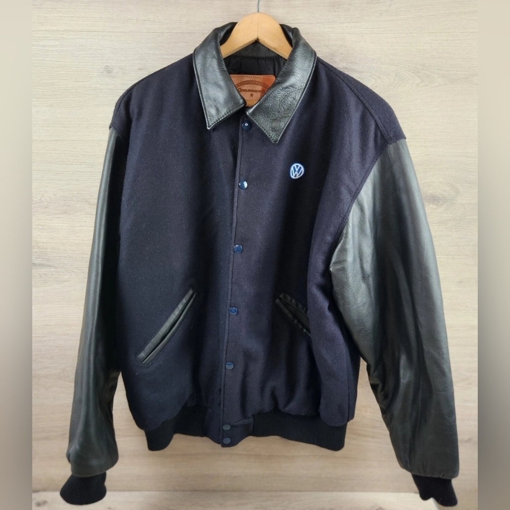 Carroll Original Wear Varsity Jacket Mens XL Navy Leather Wool Volkswagen Logo